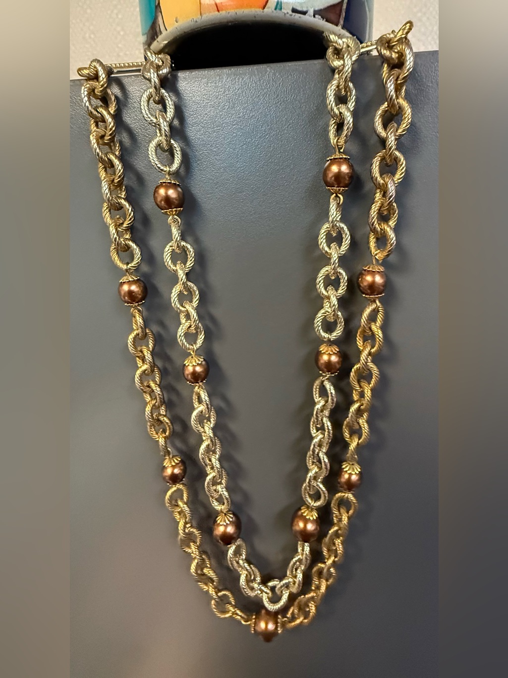 Layered Twotone Gold Chain Necklace With Brown Beads